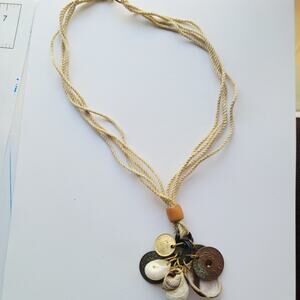 Vintage Charm Necklace Rope With Multi Strand Coin Charms Shell Bead Tassel Boho